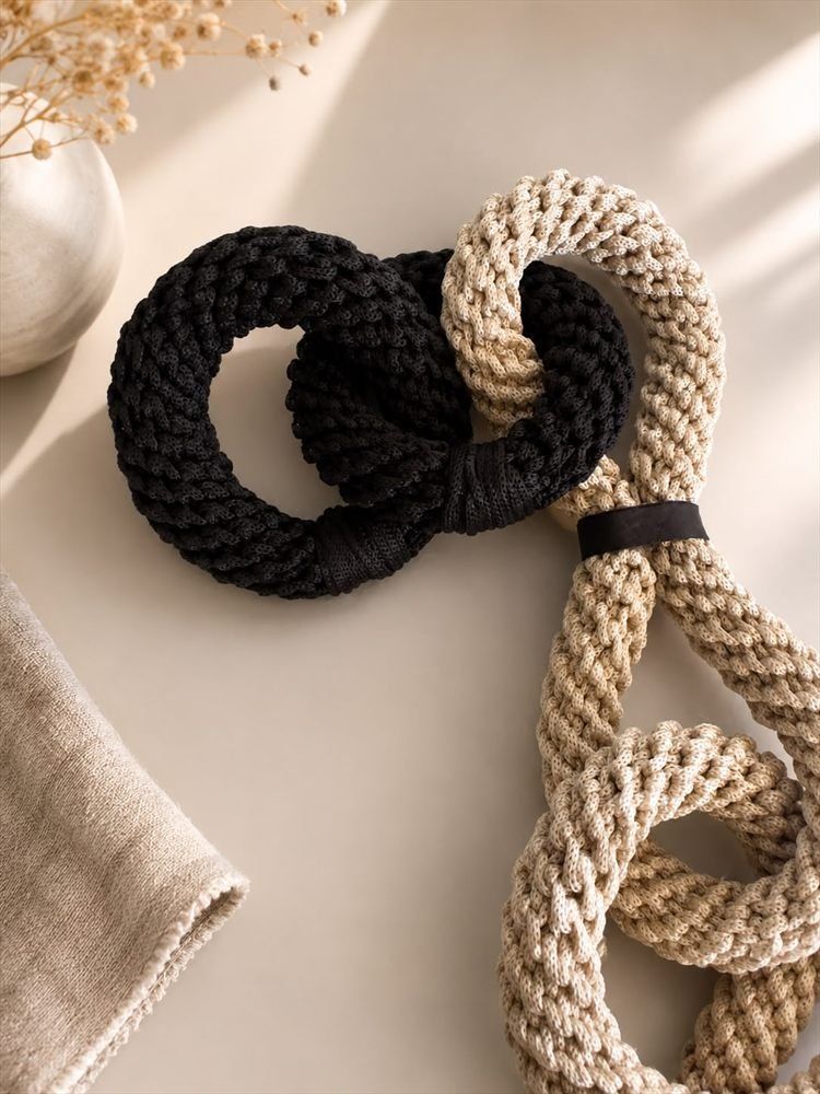 Close de elos em crochê preto e cru entrelaçados, com detalhe da trama e faixa escura.